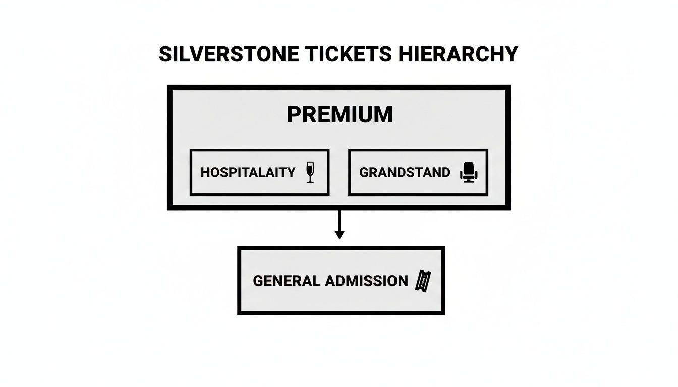 Hierarchy diagram of Silverstone tickets, showing Premium (Hospitality, Grandstand) and General Admission categories.