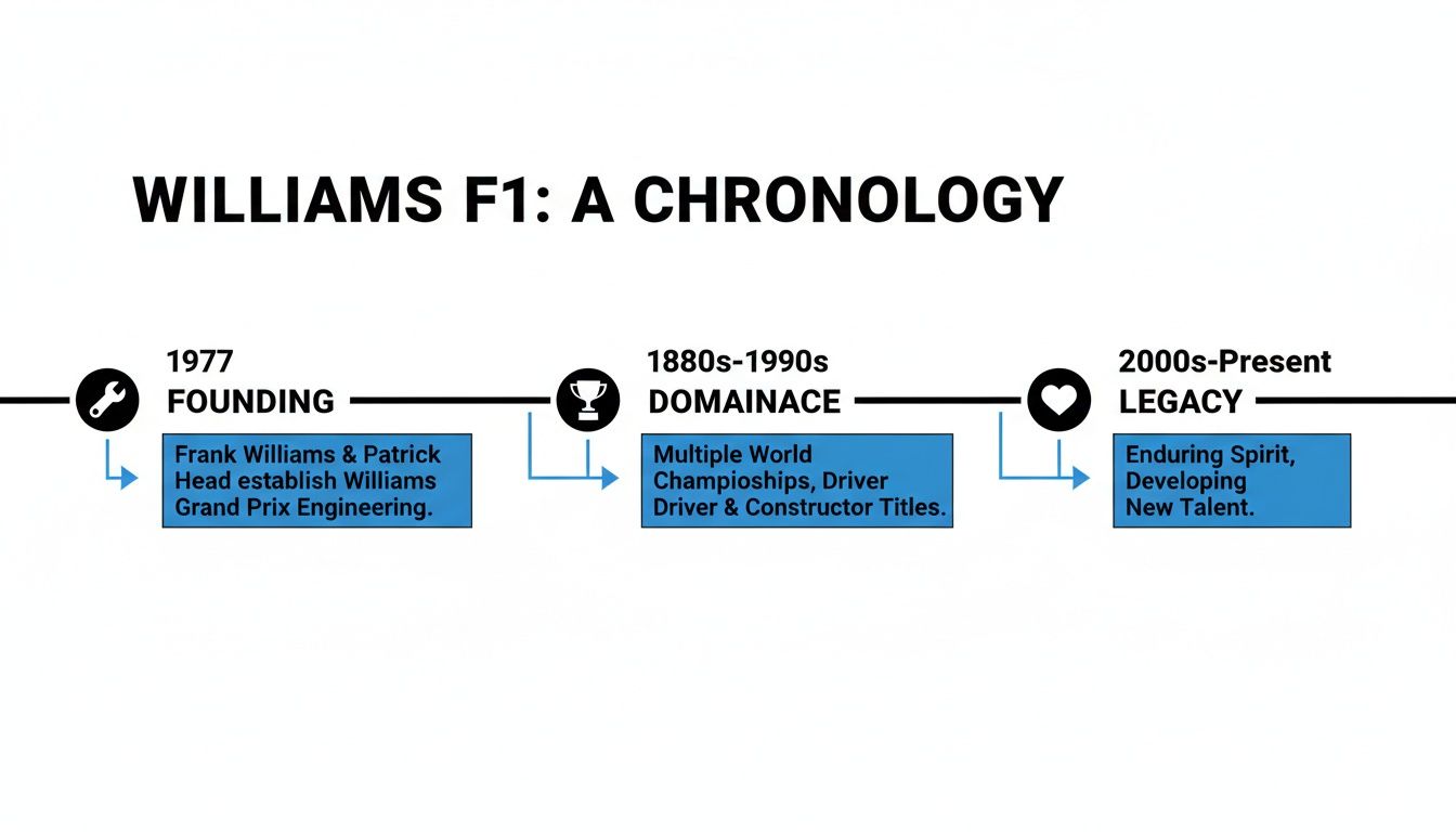 A visual timeline of Williams F1, detailing its founding in 1977, period of dominance, and current legacy.