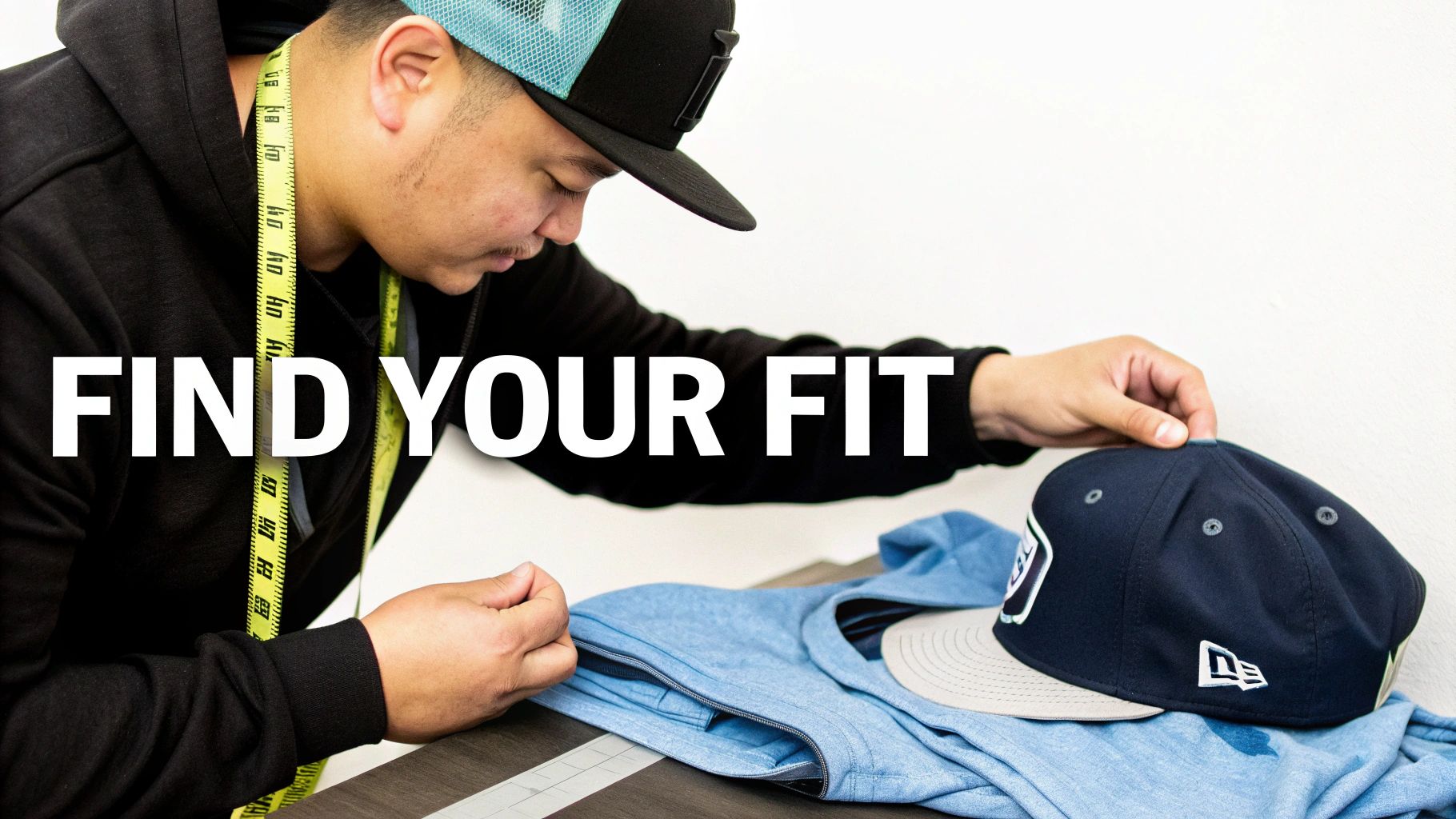 A person with a measuring tape around their neck adjusts a baseball cap and blue shirt, with 'FIND YOUR FIT' text.