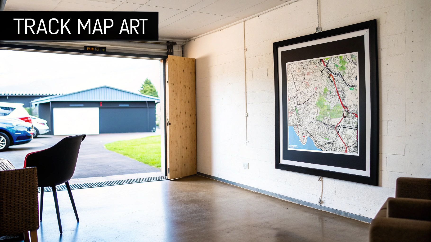 A room featuring a large framed track map on a white wall, an open garage door, and parked cars outside.