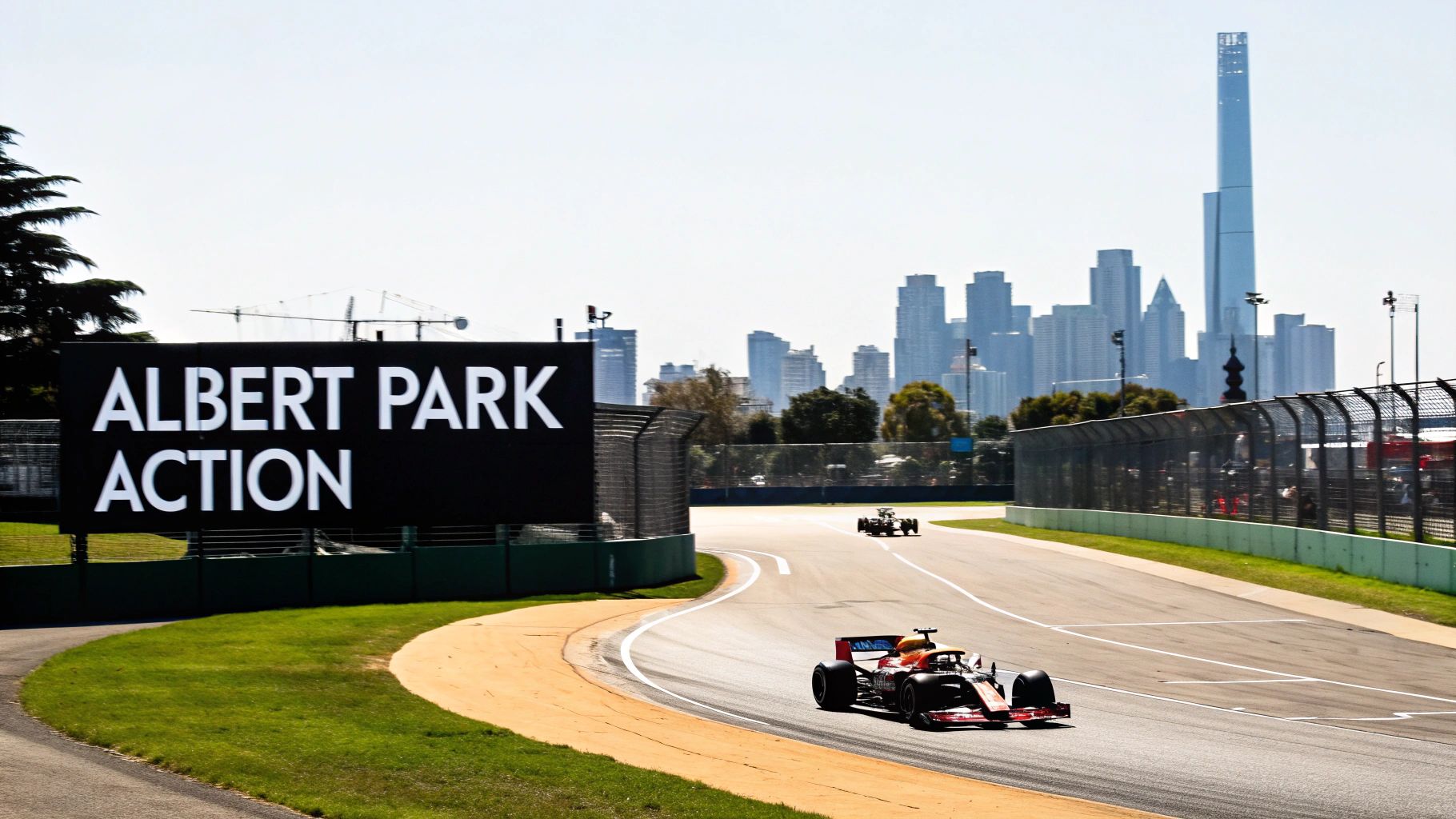 Formula 1 race cars on Albert Park circuit with a city skyline and 'ALBERT PARK ACTION' sign.