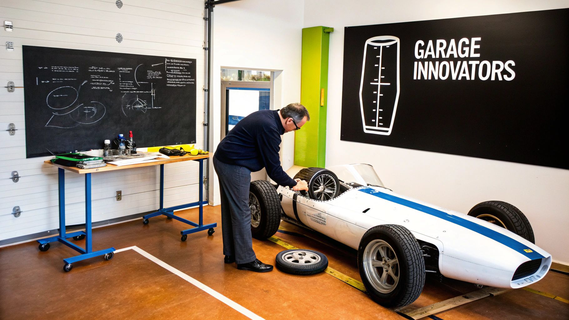 Man in glasses fixing a white vintage race car in a garage with a 'Garage Innovators' sign.