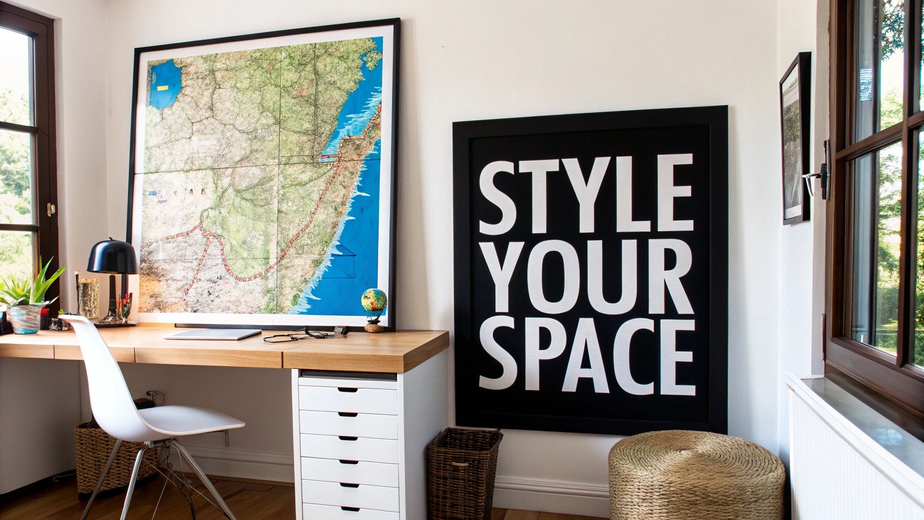 A stylish home office with a wooden desk, white chair, map art, and "STYLE YOUR SPACE" poster.