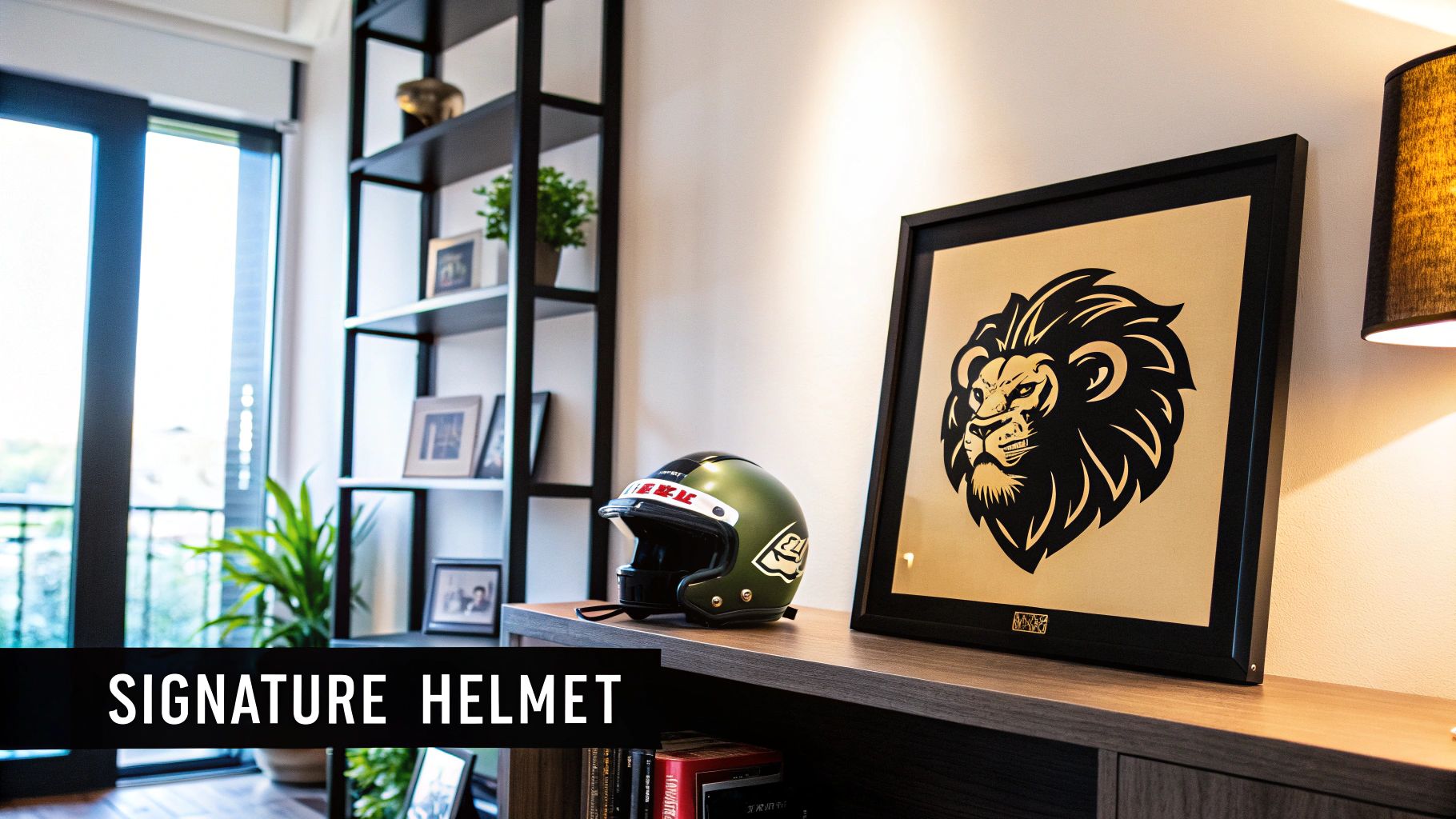 A green motorcycle helmet and a framed lion head art piece displayed on a wooden shelf.