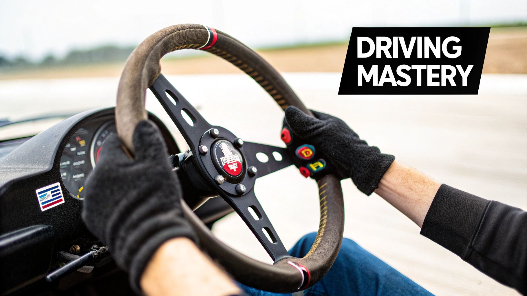 A driver's hands in black gloves holding a custom steering wheel with colorful buttons and a "DRIVING MASTERY" logo.