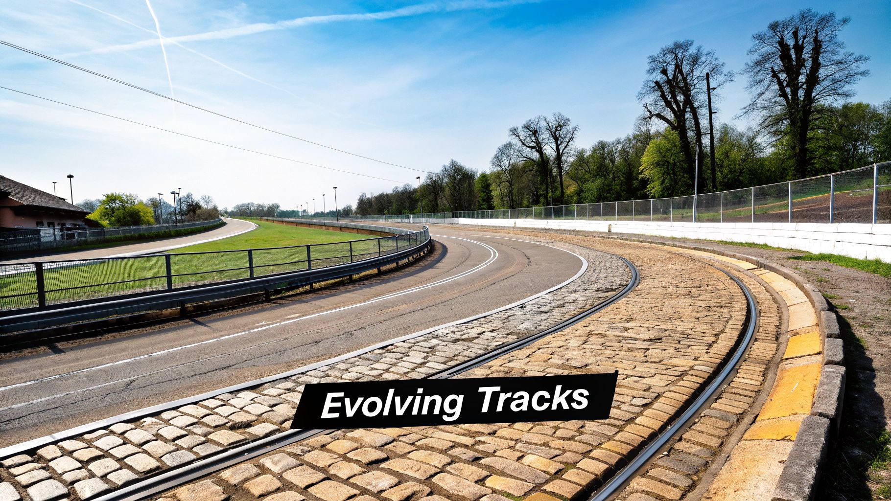 A winding road and historic tram tracks curve through a park-like setting under a blue sky.