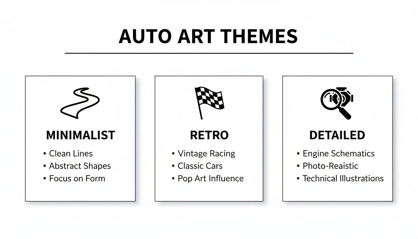 An infographic showing three auto art themes: Minimalist, Retro, and Detailed, with icons and descriptions.