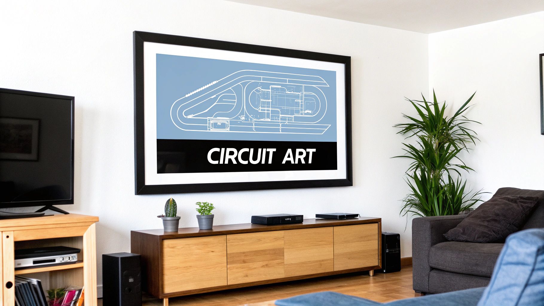 A modern living room with a framed circuit art print above a wooden media console.