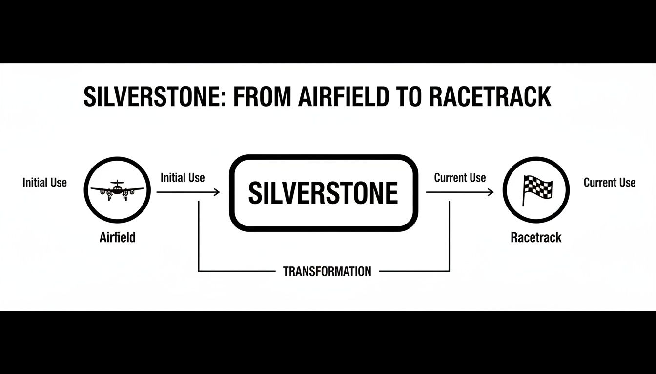 Diagram illustrating Silverstone's evolution from an initial use as an airfield to its current use as a racetrack.
