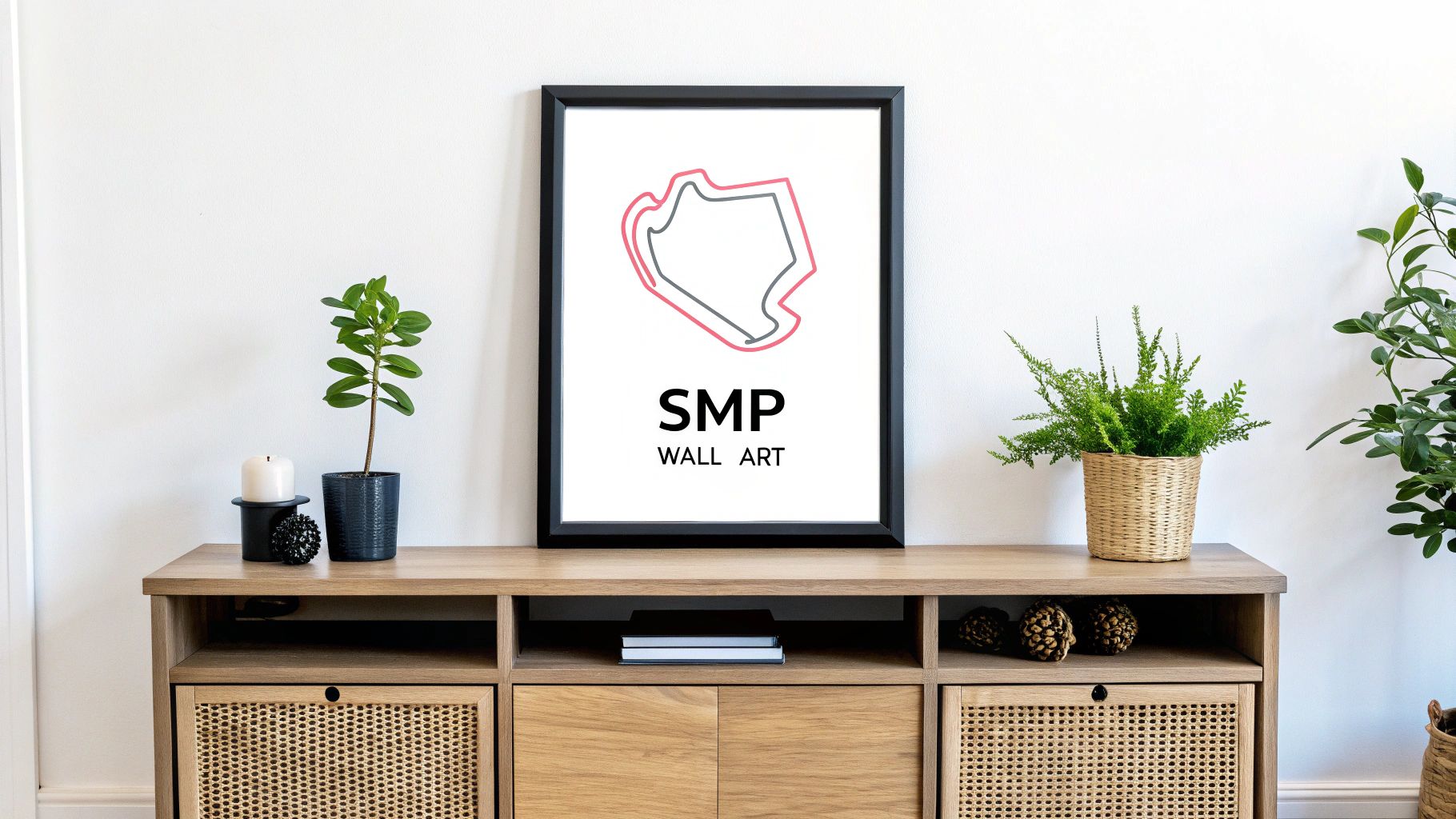 A framed black and white poster with a racetrack outline and 'SMP Wall Art' on a wooden console table with plants.