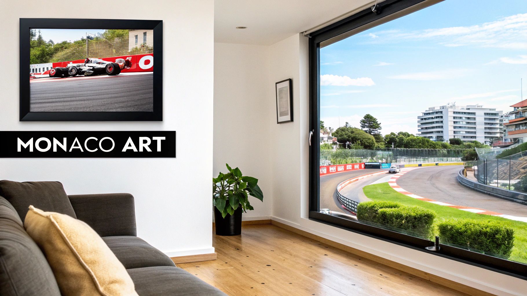 An interior view of a room with a window overlooking the Monaco Grand Prix track, alongside a Formula 1 art piece.