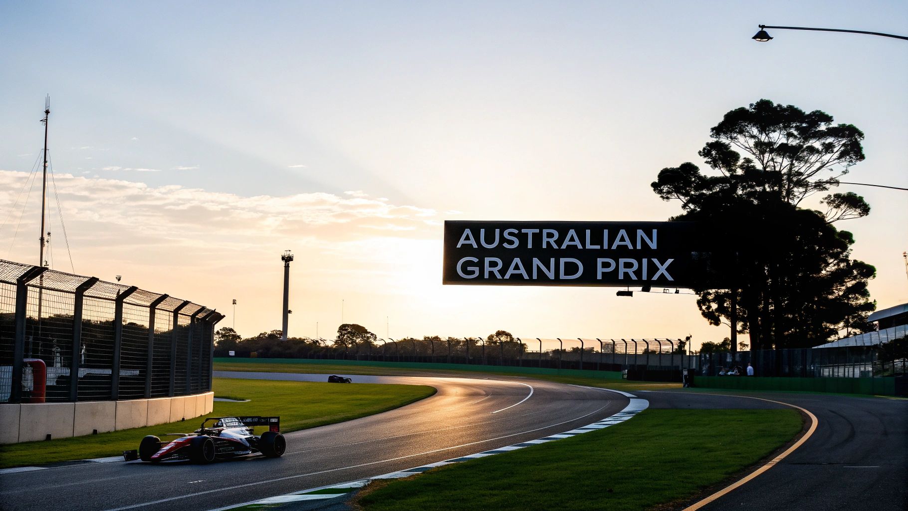 A formula racing car drives on the circuit during the Australian Grand Prix at sunset.