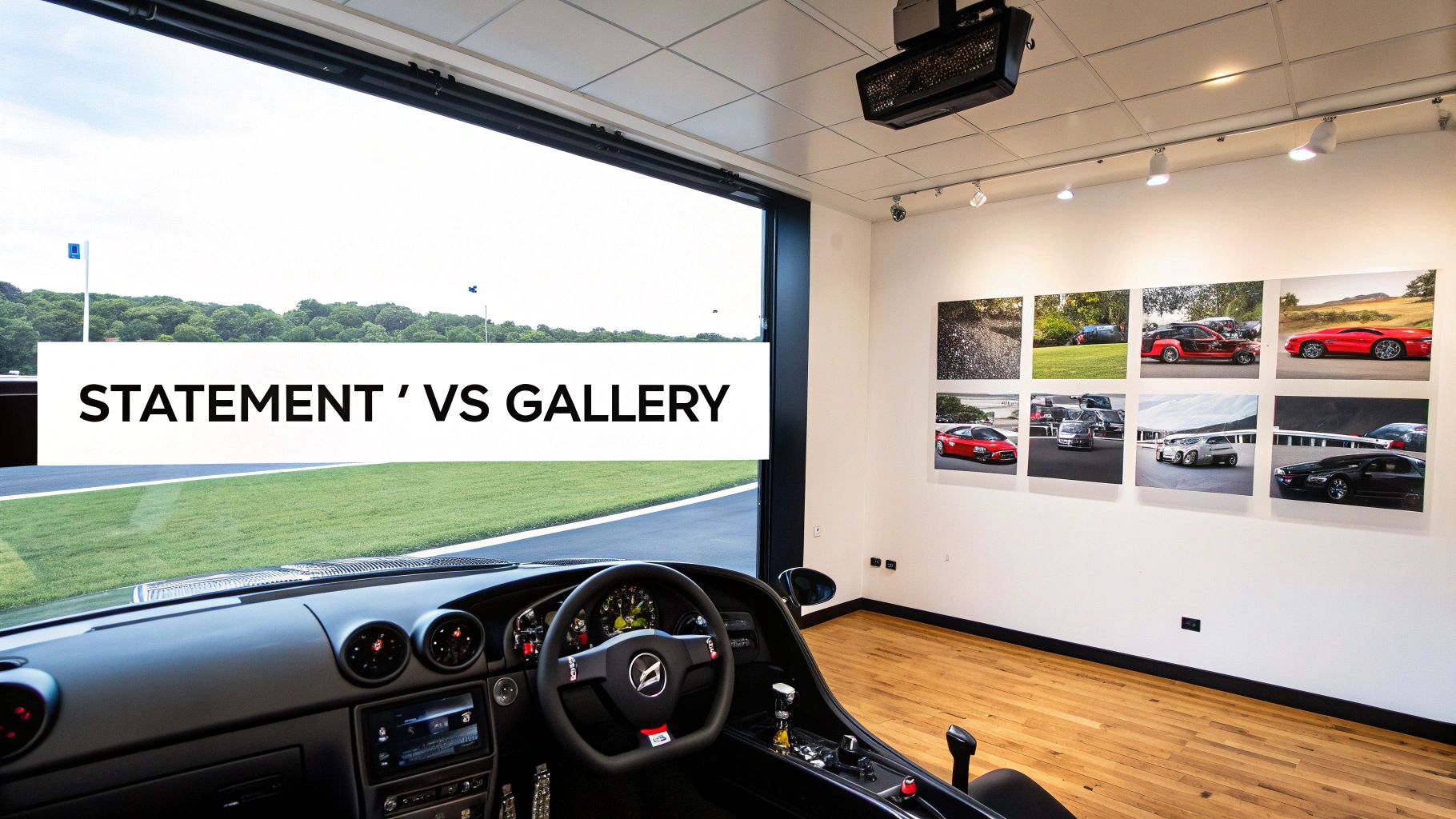 A sleek car showroom with a race track view, displaying car photographs and a vehicle's interior.