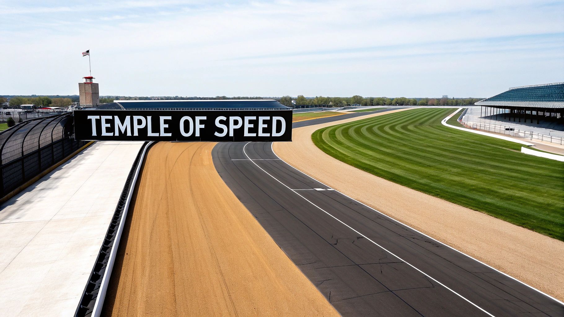 An aerial view of a race track with a large 'TEMPLE OF SPEED' sign and green fields.
