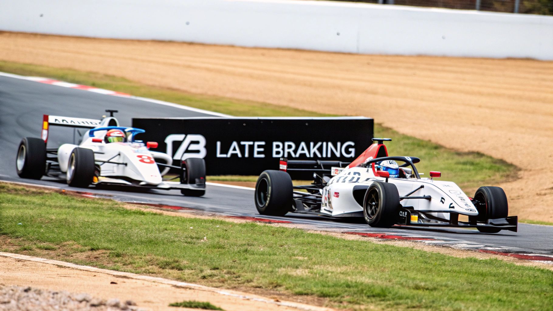Two white formula racing cars speed on a track, passing a 'Late Braking' sign.