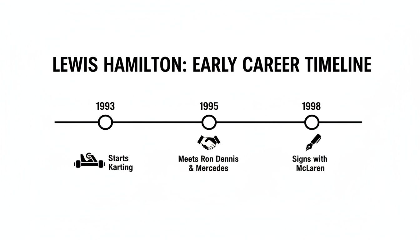 Lewis Hamilton's early career timeline shows milestones: starting karting, meeting Ron Dennis, and signing with McLaren.