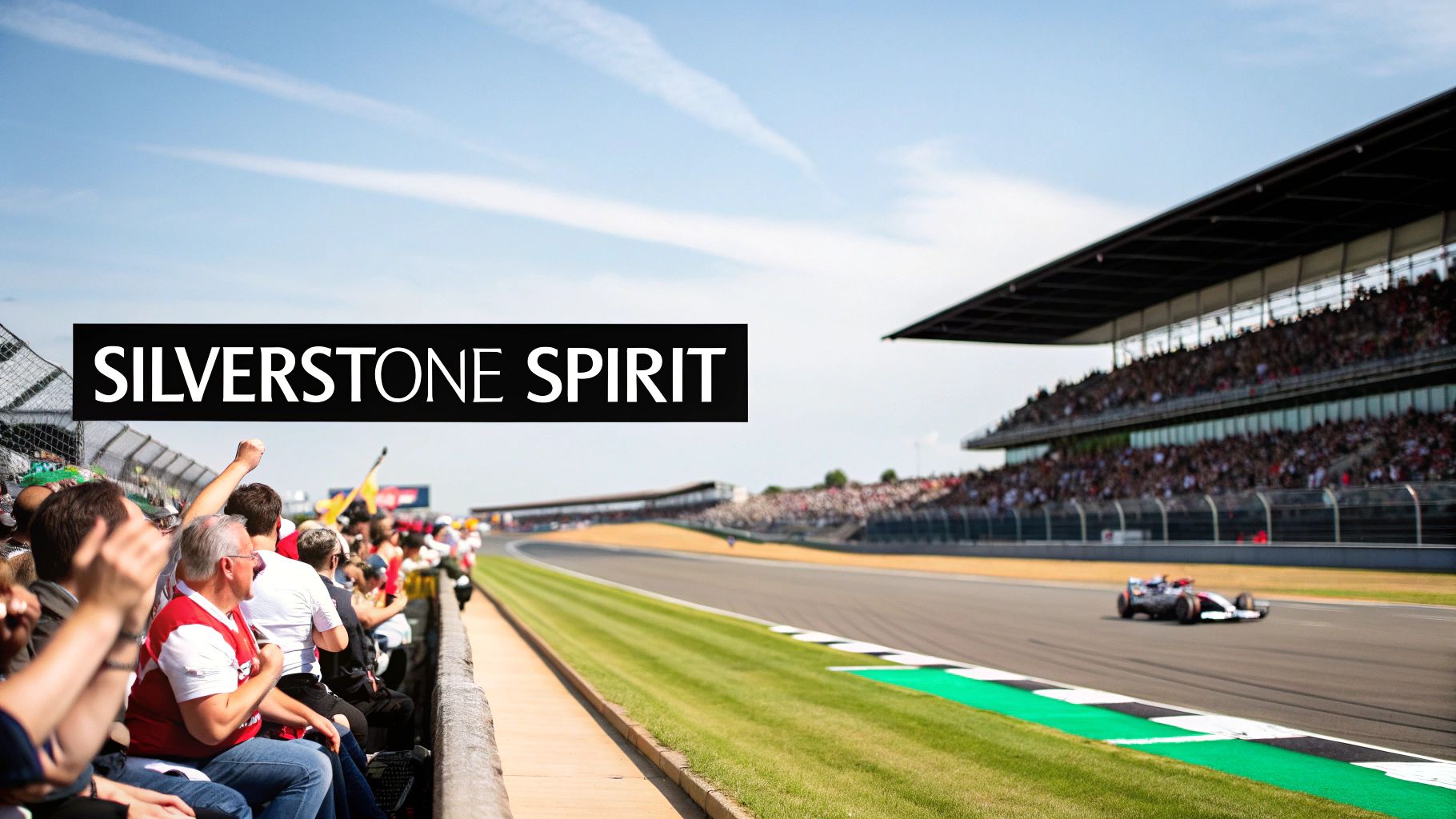 Spectators cheer at the Silverstone Grand Prix, watching a Formula 1 car speed around the iconic track.