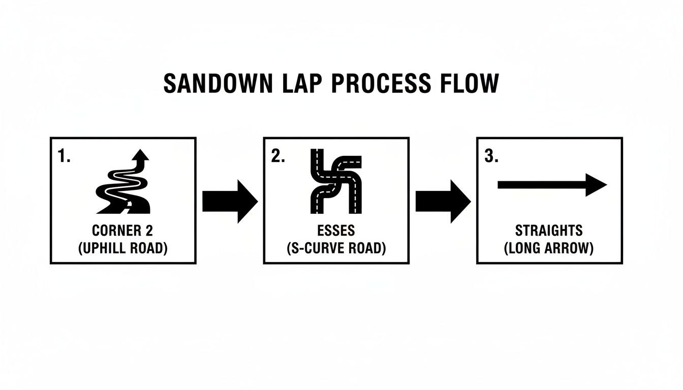 Process flow diagram for a Sandown lap, detailing Corner 2, Esses, and Straights sections.