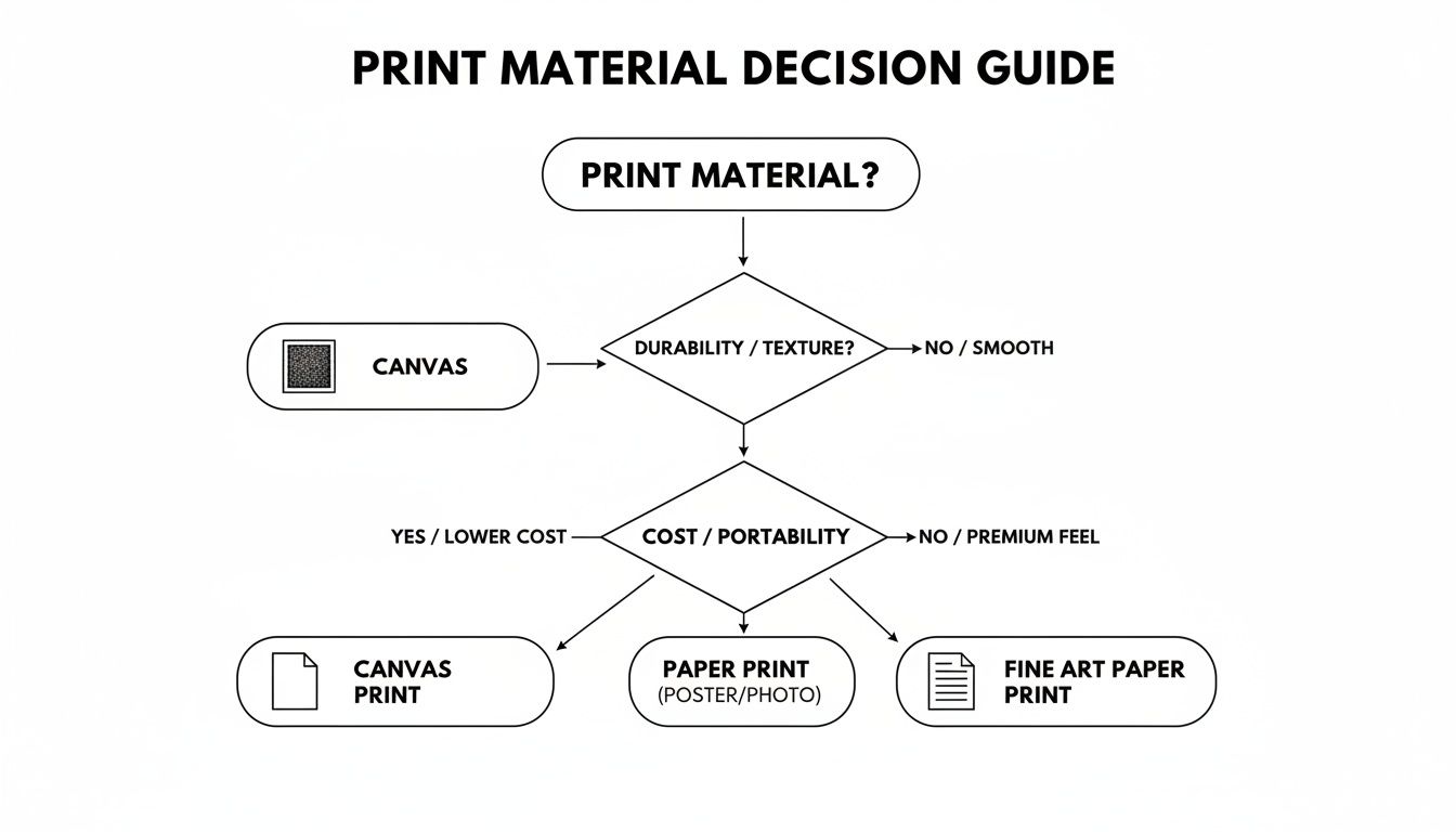 A flowchart guiding decisions for print materials like canvas, paper, and fine art paper based on properties.