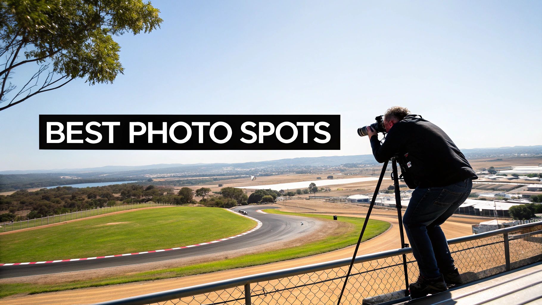 A photographer captures the scenic Mt Panorama Circuit from a high vantage point, with 'BEST PHOTO SPOTS' text overlay.