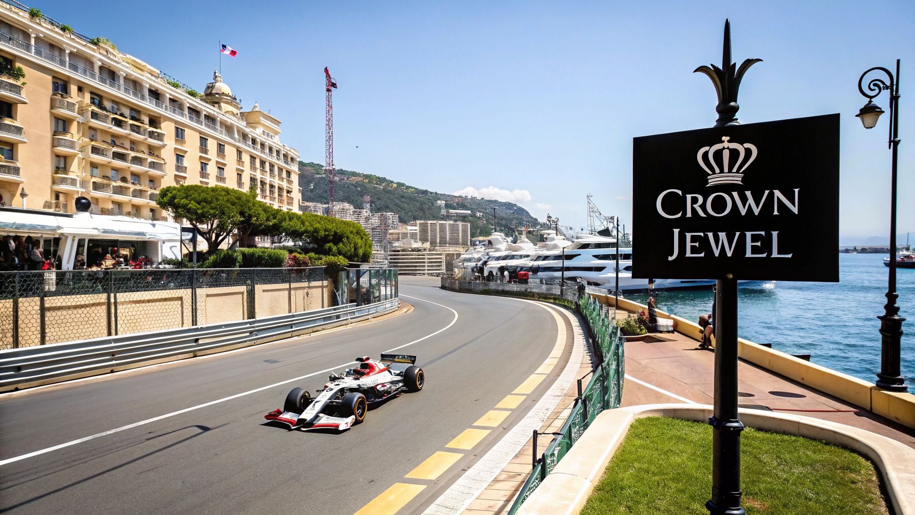 A Formula 1 car races through the iconic Monaco Grand Prix track with yachts and buildings.