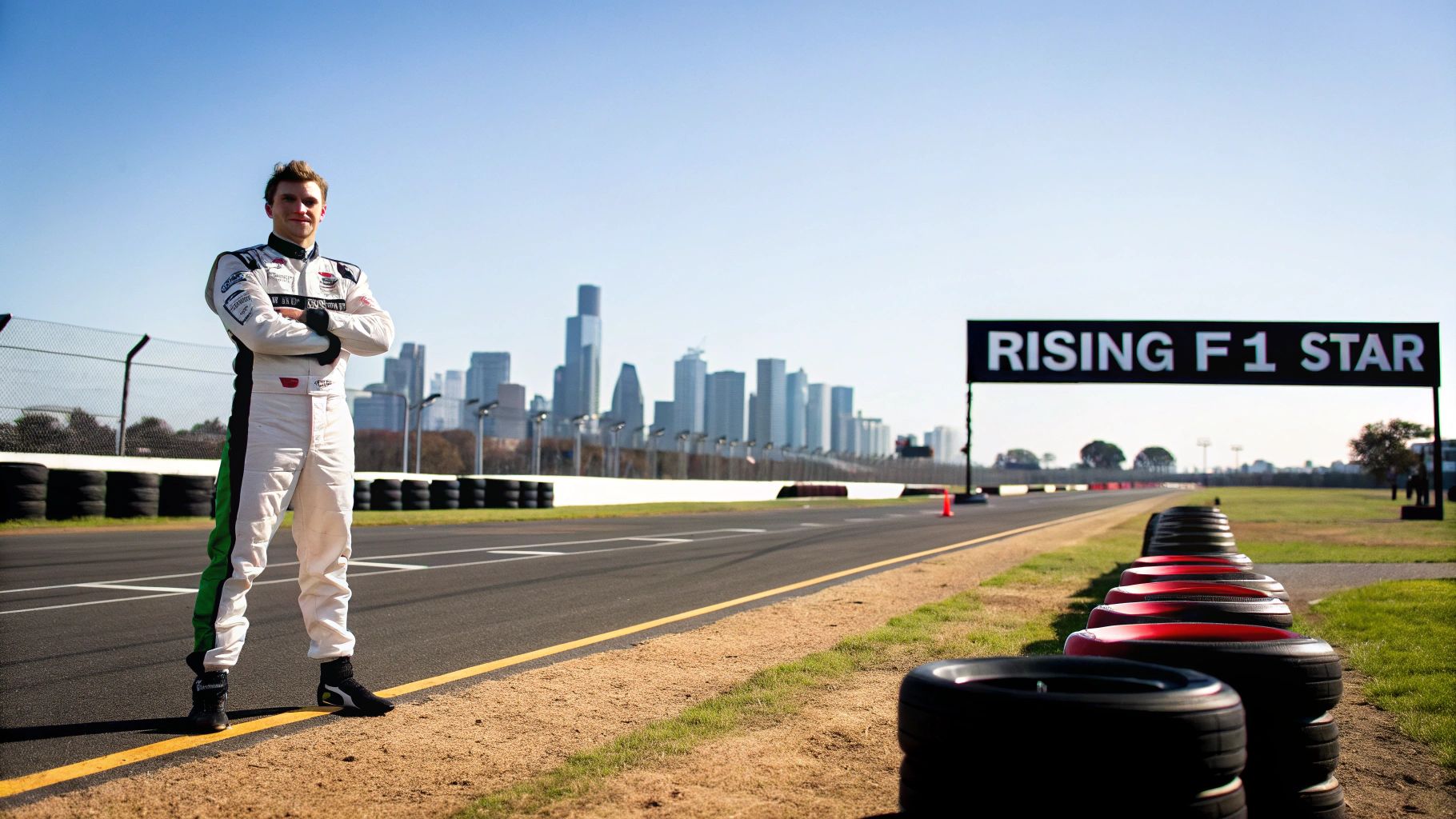 Oscar Piastri, a young F1 driver, stands on a race track with a city skyline and 'RISING F1 STAR' sign in the background.