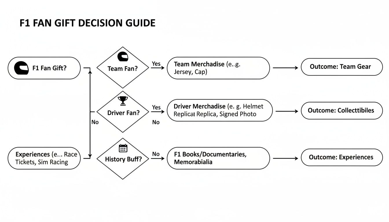F1 Fan Gift Decision Guide flowchart showing gift recommendations based on fan type.