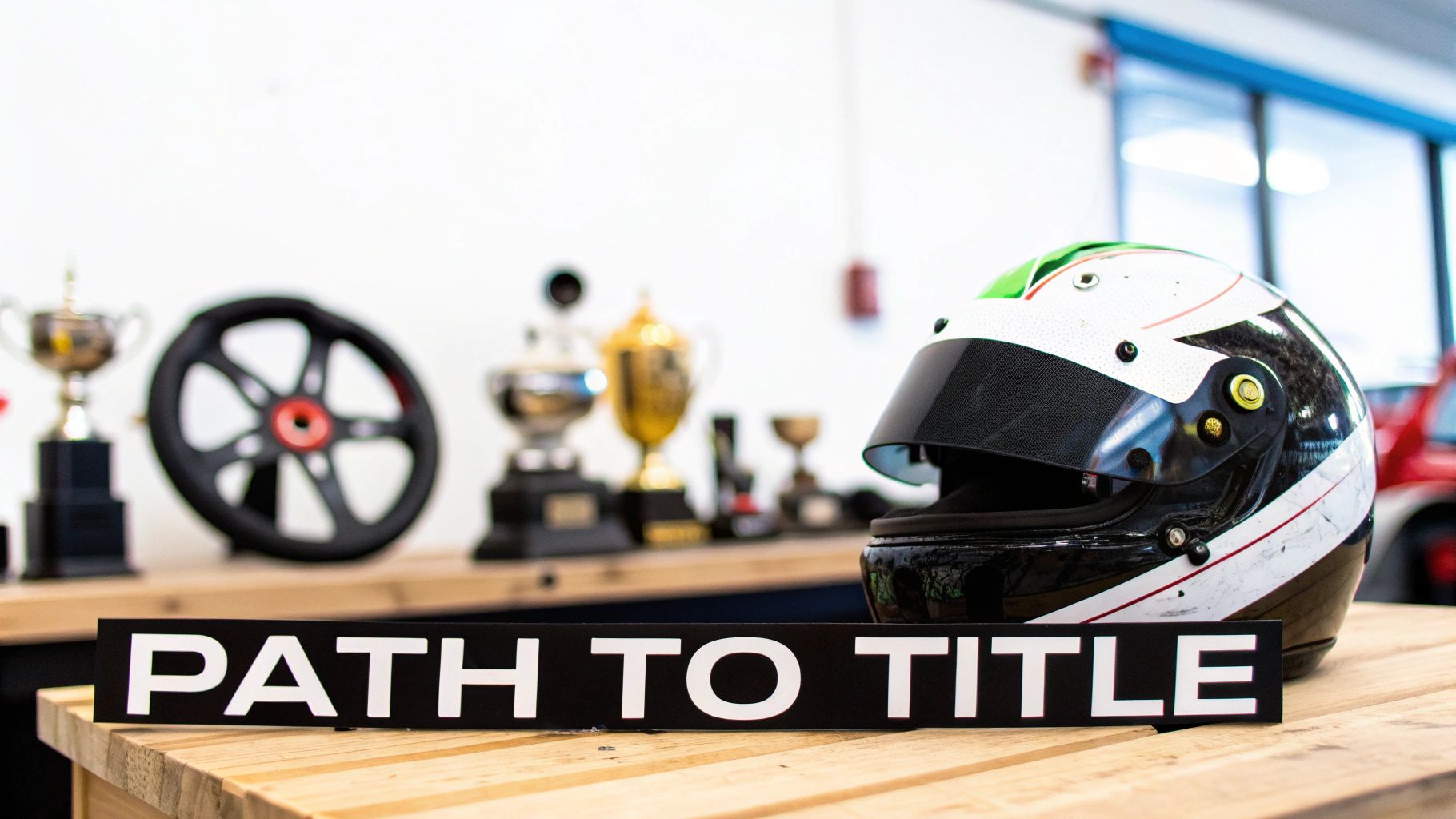 A racing helmet and trophies on a wooden table with a 'PATH TO TITLE' sign.