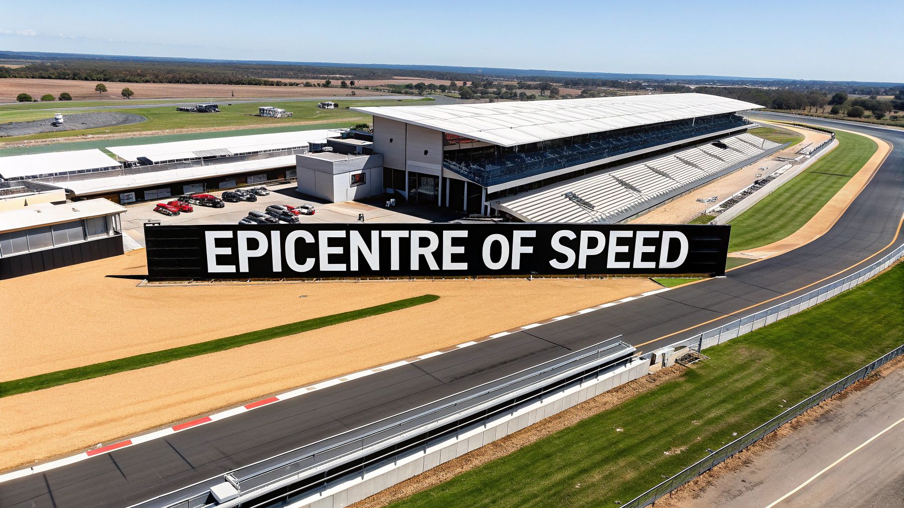 Aerial view of The Bend Motorsport Park with race track, grandstands, and "EPICENTRE OF SPEED" sign.