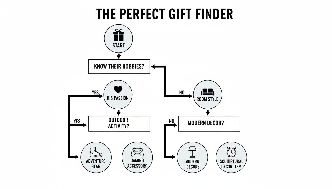 A flowchart titled 'The Perfect Gift Finder' guides gift selection based on hobbies or room style.
