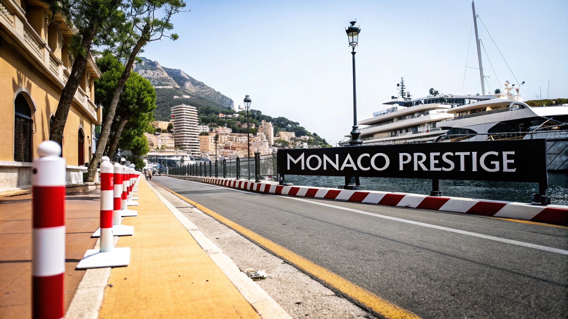 A scenic view of the Monaco street circuit with barriers, a banner, and luxury yachts.