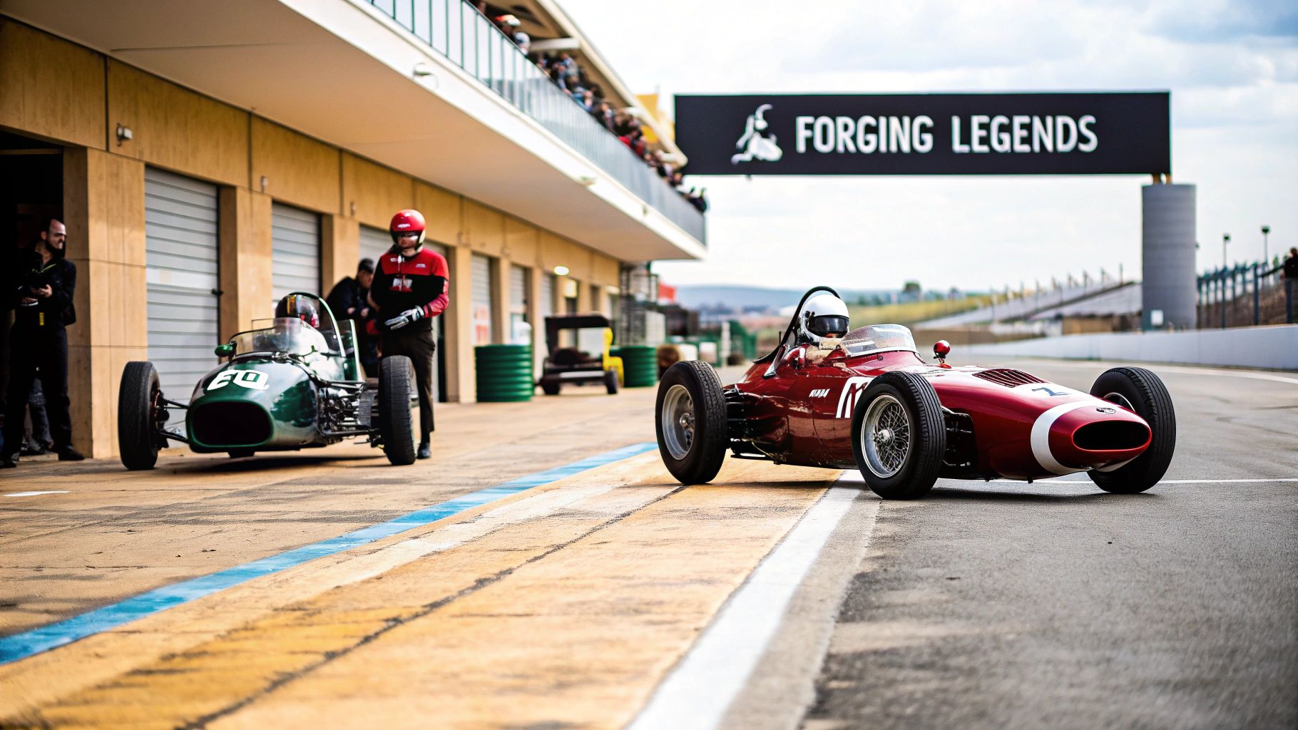 Classic F1 race cars, a green one in pit lane, and a red one on the track.