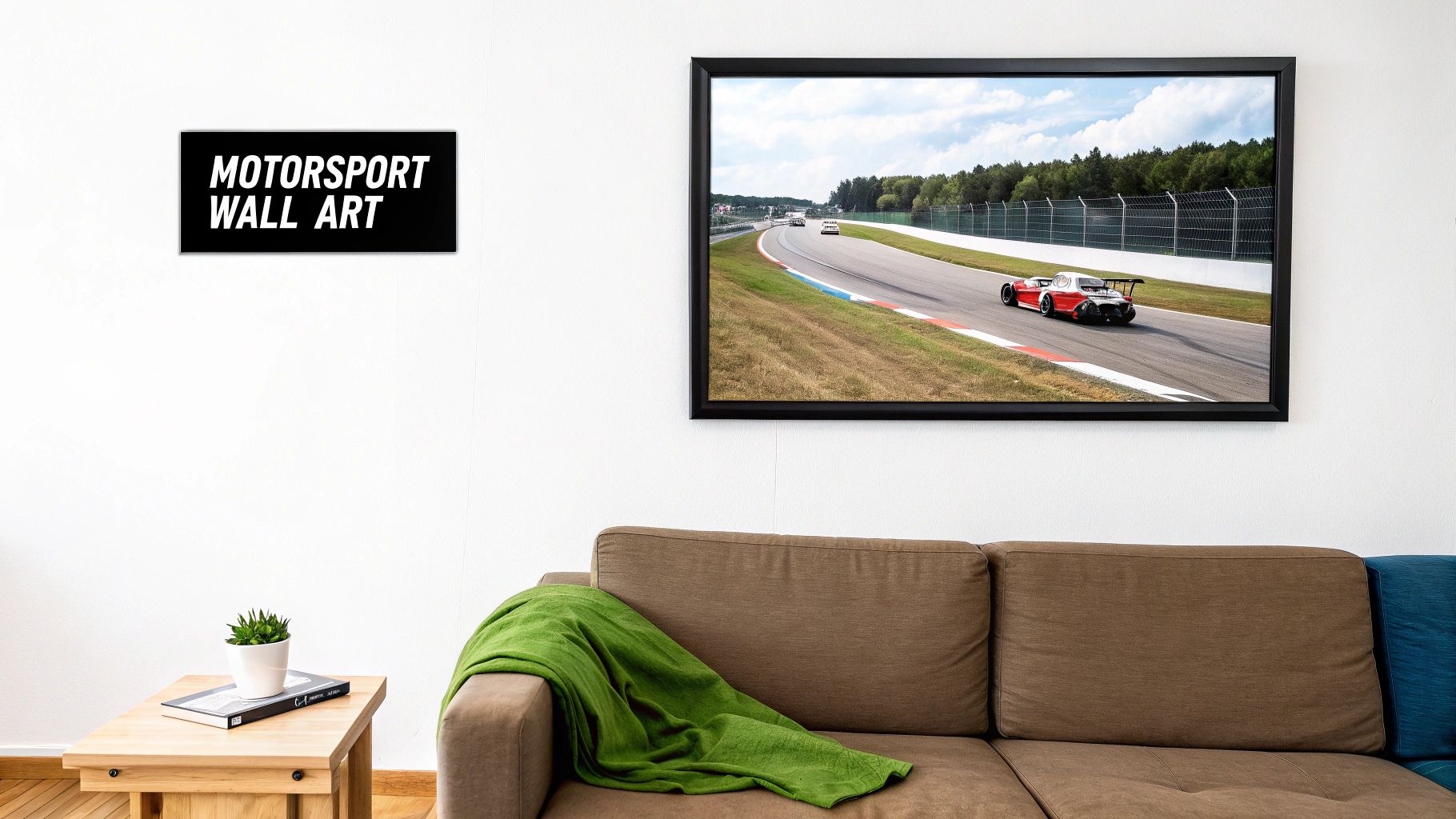 A modern living room with a brown sofa, a wooden table, and two race-themed wall artworks.