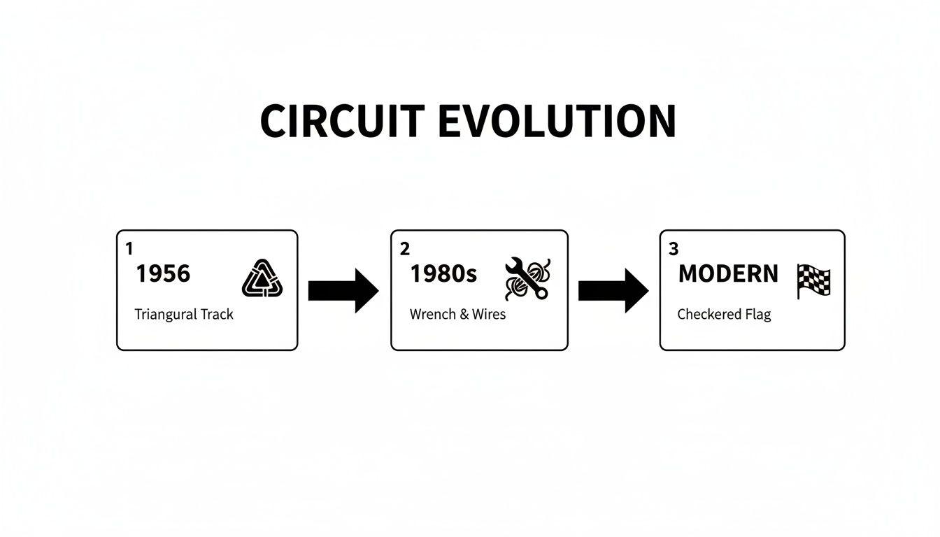 Timeline illustrating circuit evolution, from 1956 triangural tracks to modern racing circuits.