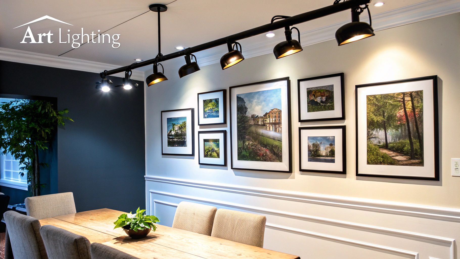 A modern dining room with track lighting illuminating a gallery wall displaying various framed art prints.