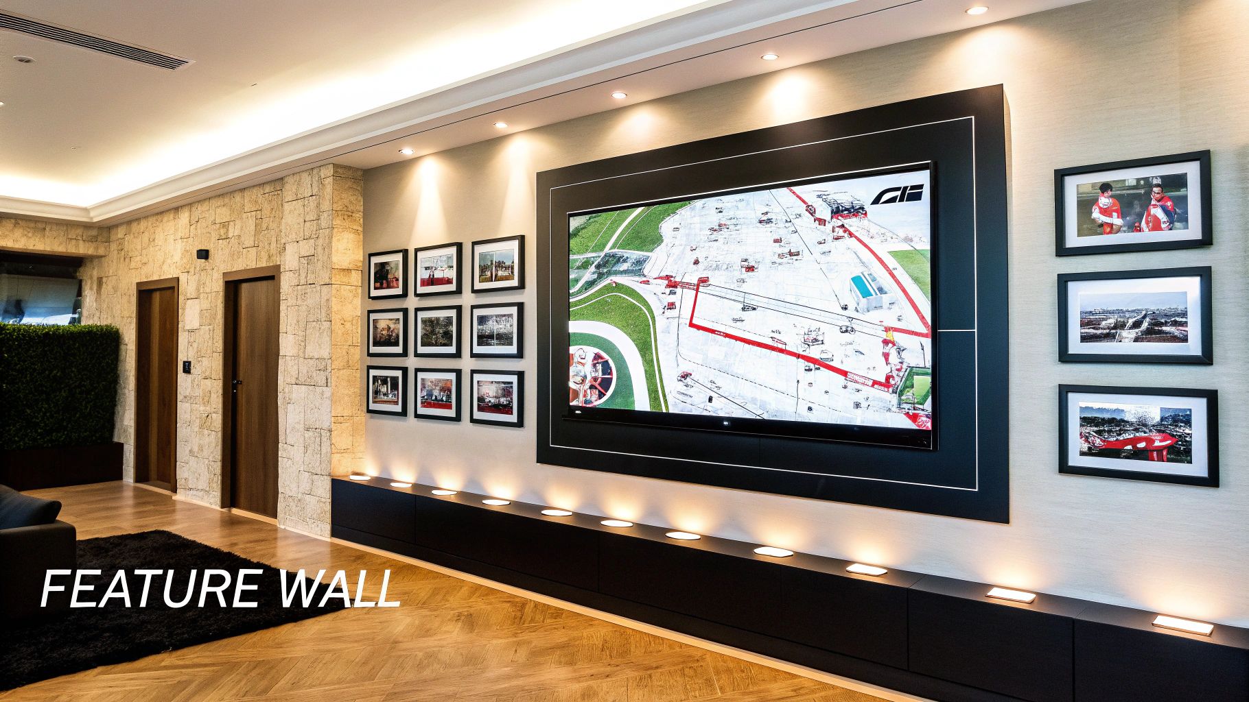 A large television displaying an F1 circuit map on a modern feature wall with framed photos and decorative lighting.