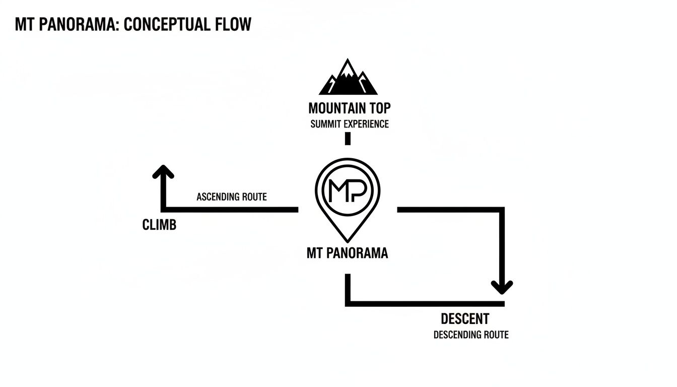 A conceptual flow diagram for Mt Panorama, detailing routes for climbing to the summit and descending.
