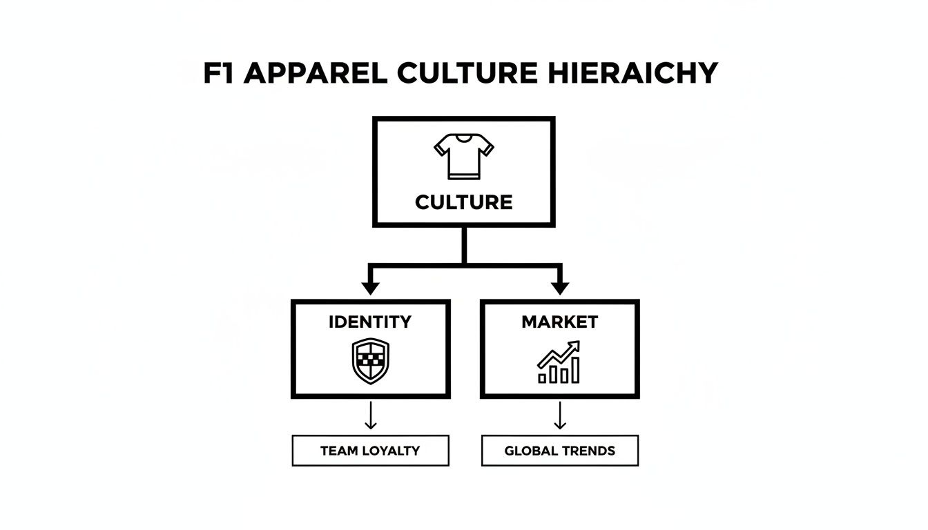 A diagram illustrates the F1 apparel culture hierarchy, detailing culture's impact on identity and market.