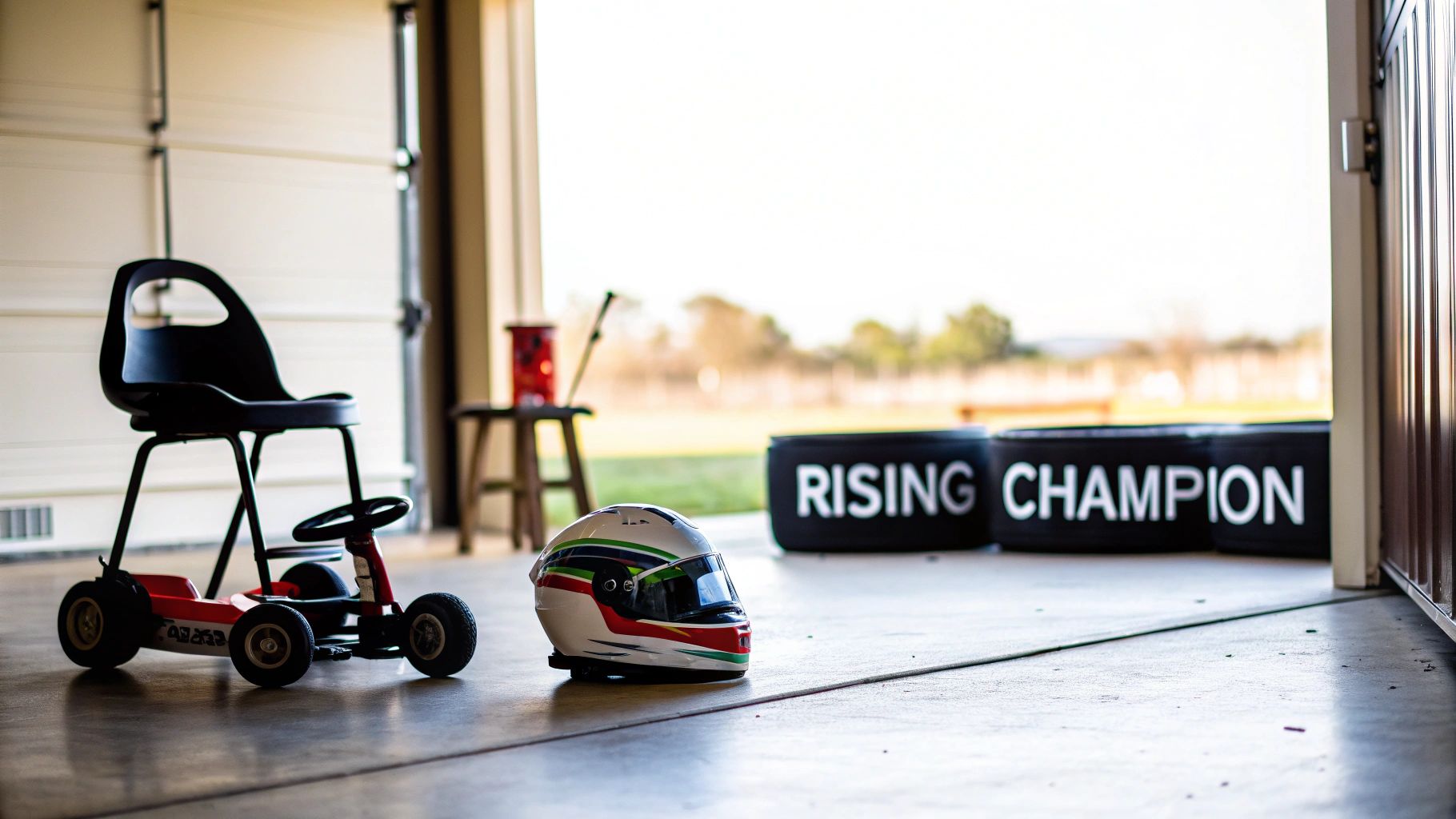 A child's red pedal car and a racing helmet on the ground, with 'RISING CHAMPION' barriers in the background.