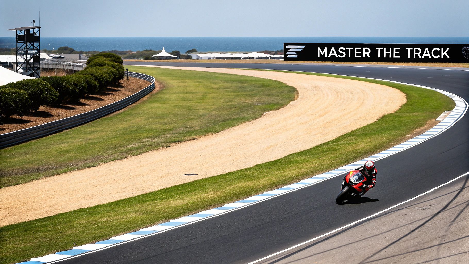 A motorcyclist in a red and black suit leans into a turn on a sunny race track with the ocean in the background.