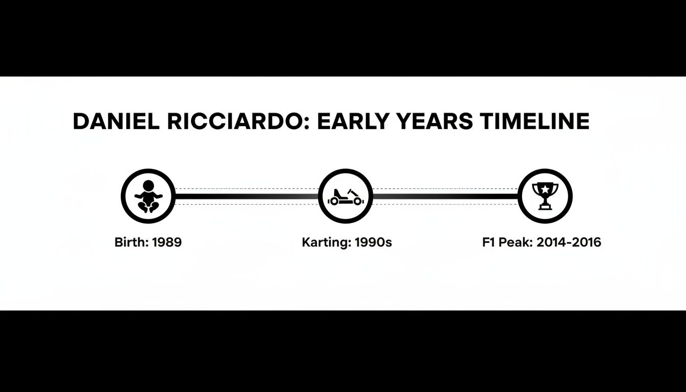 A black and white timeline displaying Daniel Ricciardo's early career milestones, including birth, karting, and F1 peak.