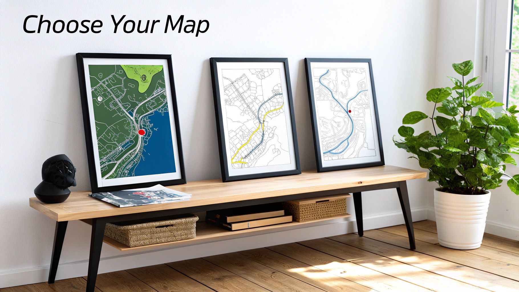 Three framed stylized race track maps displayed on a wooden bench in a bright room.