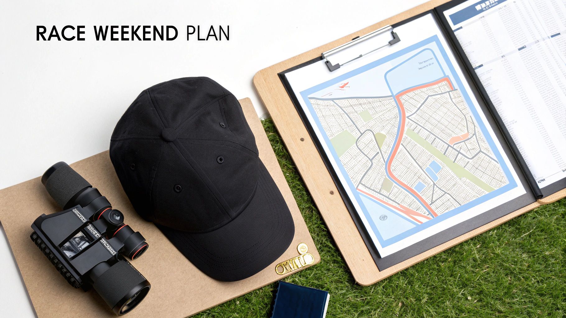A flat lay of race weekend planning essentials: binoculars, a cap, and a clipboard with a map and schedule.