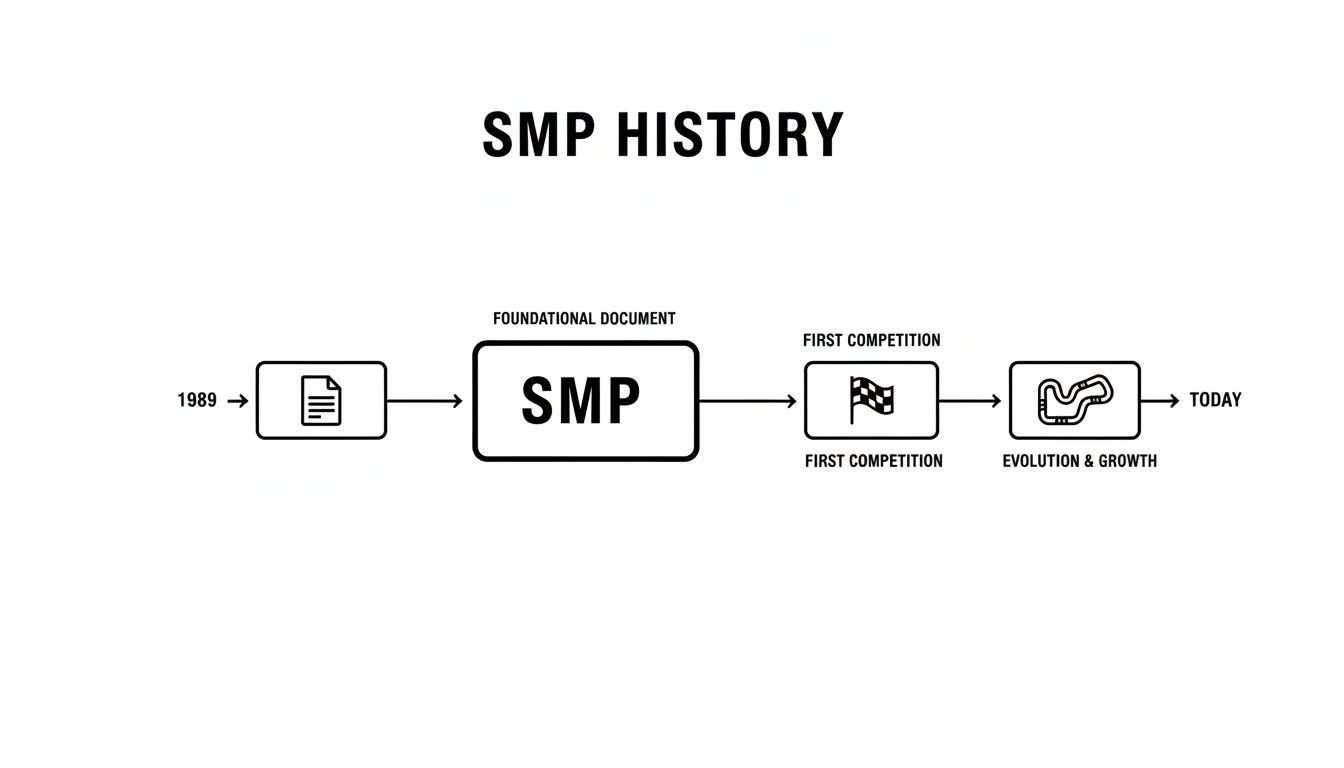 A timeline of SMP History, showing its foundational document in 1989, first competition, and evolution to today.