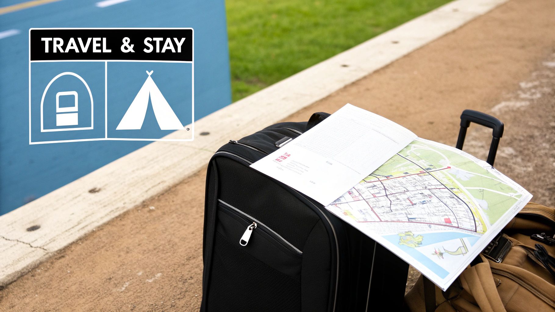 Black 'TRAVEL & STAY' sign with RV and tent icons, luggage, and a map for vacation planning.