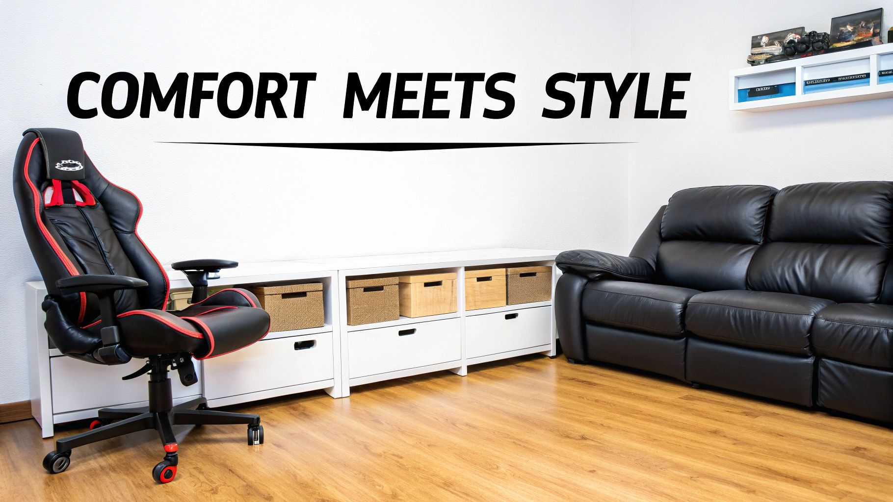 A sleek black and red gaming chair paired with a comfy black leather sofa in a modern room.