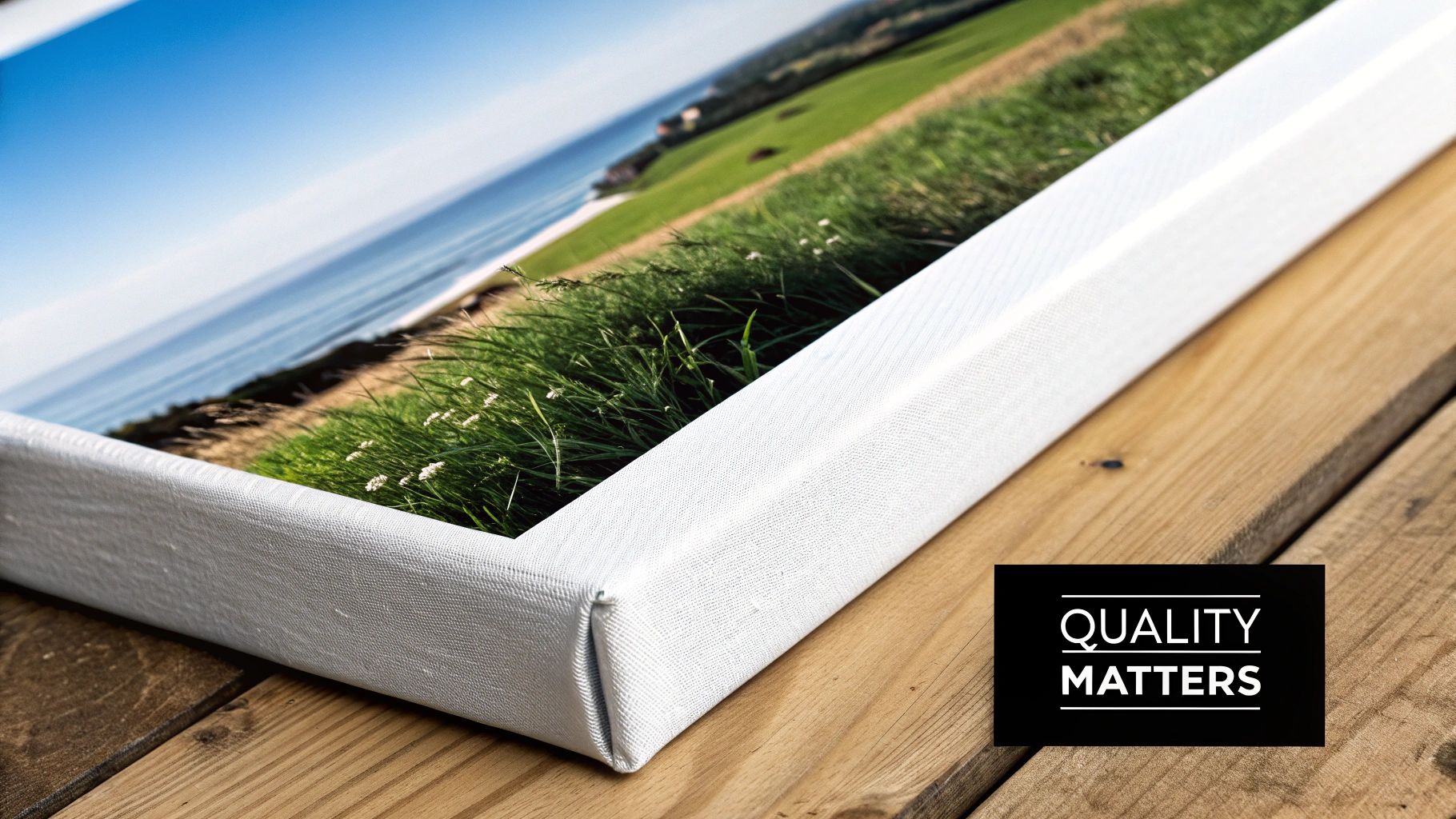 Close-up of a canvas print featuring a vibrant coastal landscape with green grass, beach, and ocean on a wooden surface. Quality matters.