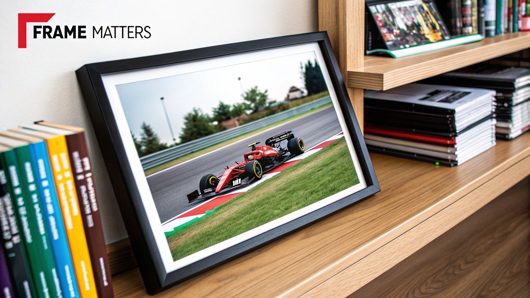 A framed photograph of a red Formula 1 car on a race track, displayed on a wooden shelf.
