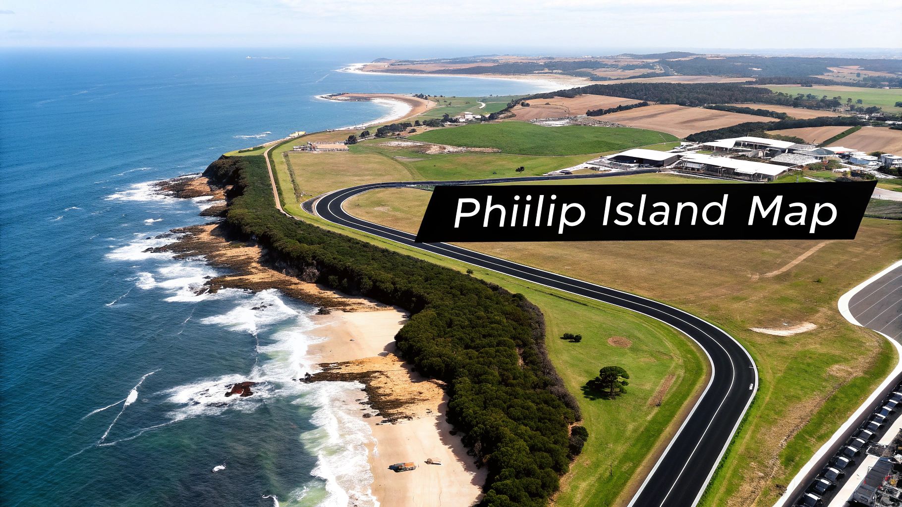 Aerial view of Phillip Island Grand Prix Circuit, showing the track, coastline, beach, and ocean.