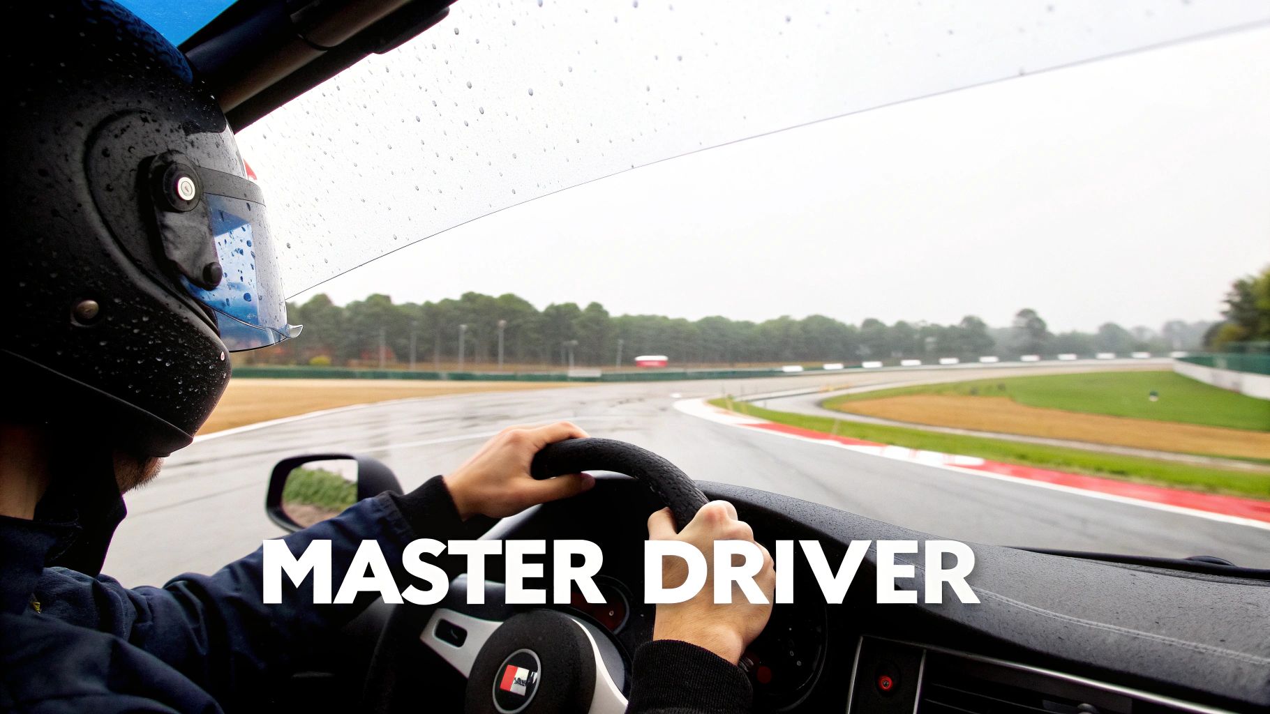 Close-up of a race car driver in a helmet, hands on the steering wheel, on a wet track.